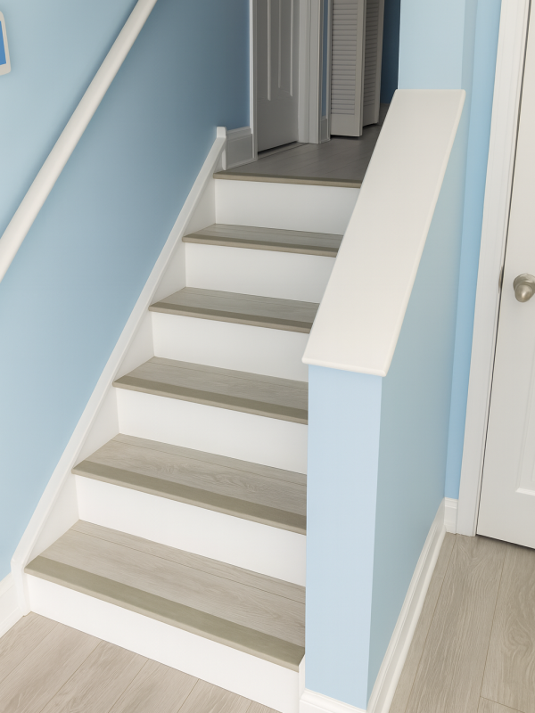 Modern Staircase with Soft Blue Walls